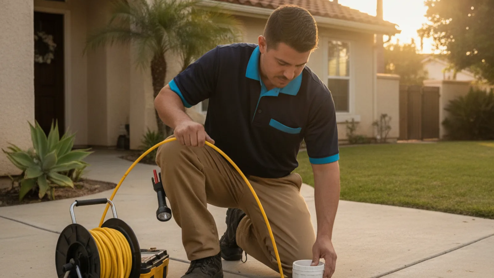 Plumber setting up a sewer camera at the cleanout of a National City home