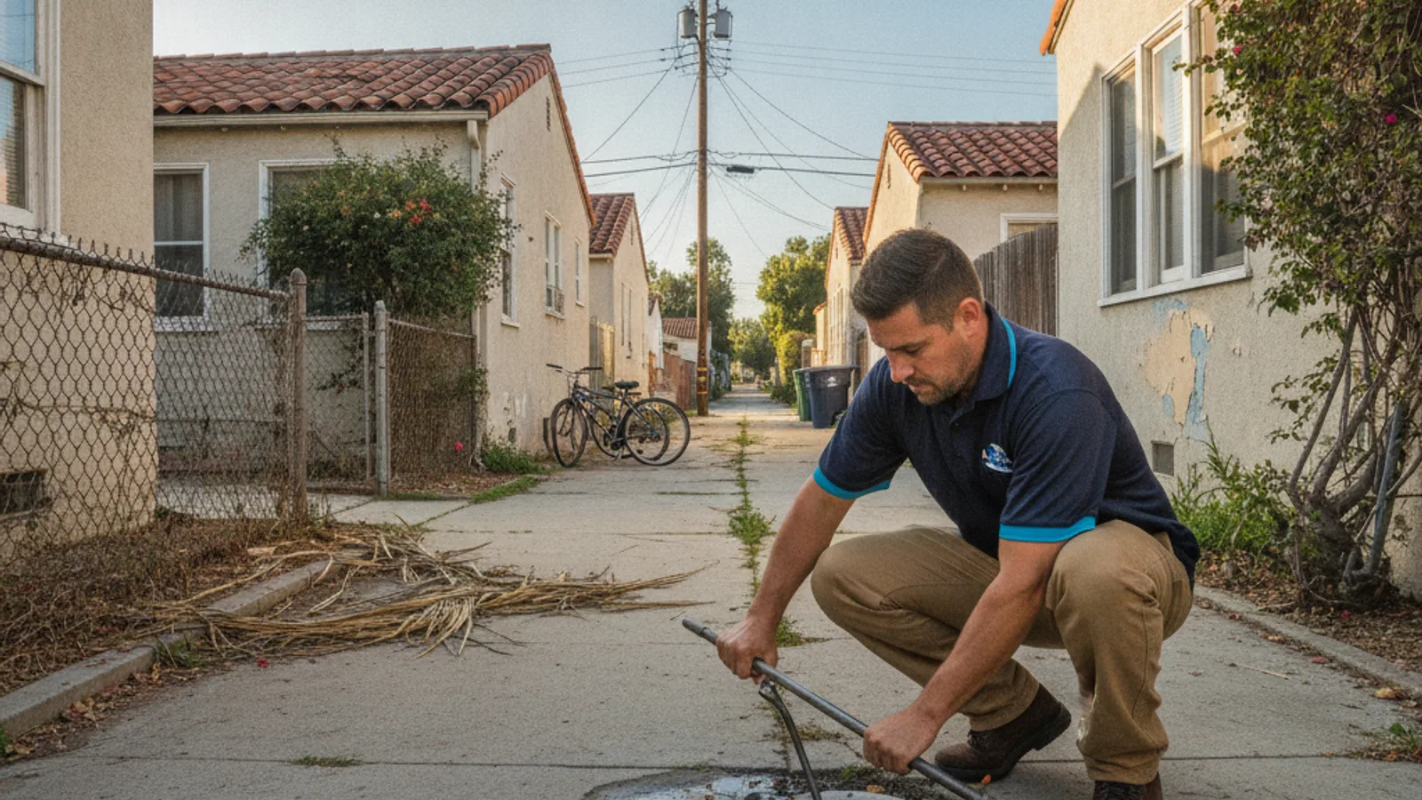 An alley-facing plumbing cleanout behind a row of older homes in a dense San Diego neighborhood