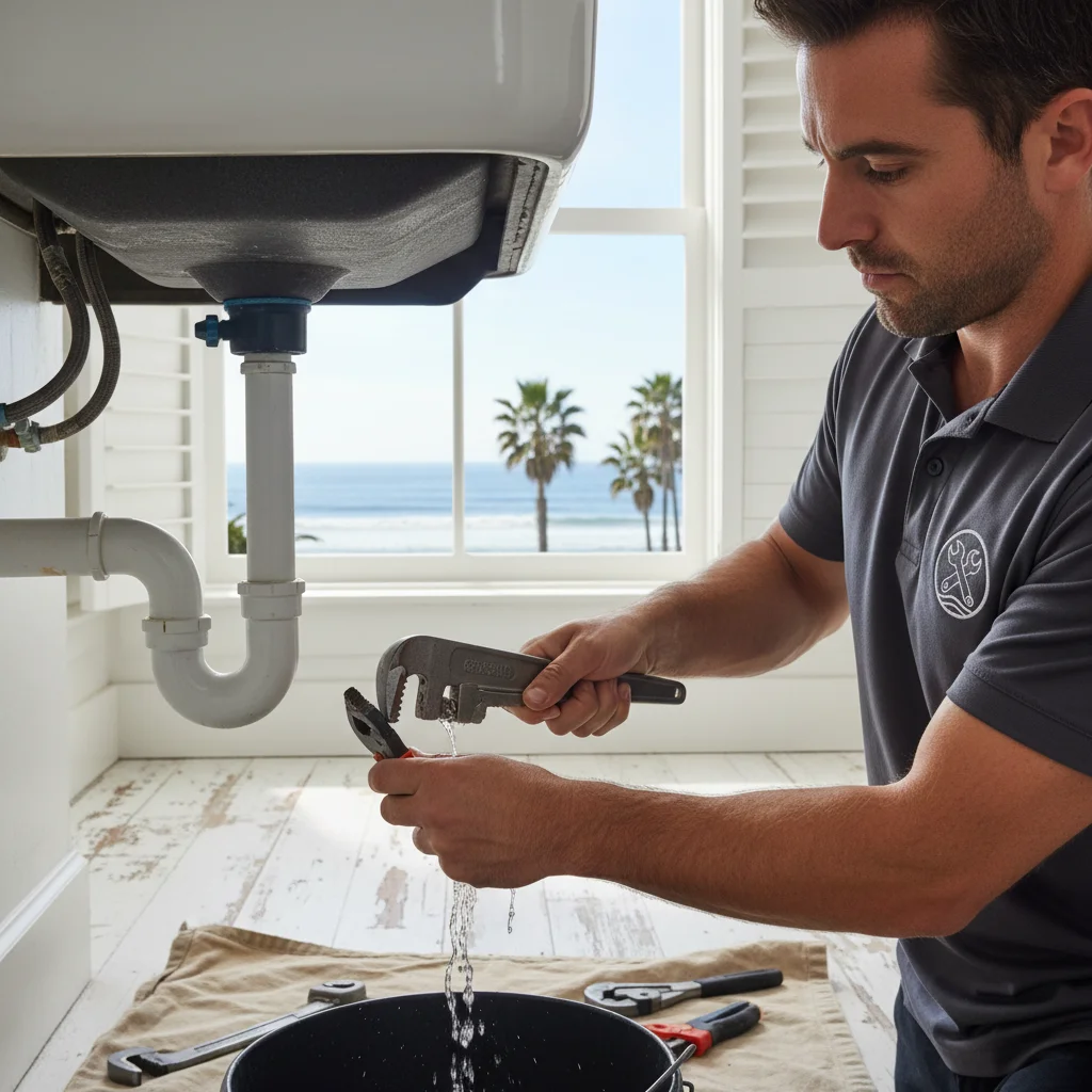 A plumber replacing a corroded supply line under a sink in an Oceanside coastal home, professional clean setup