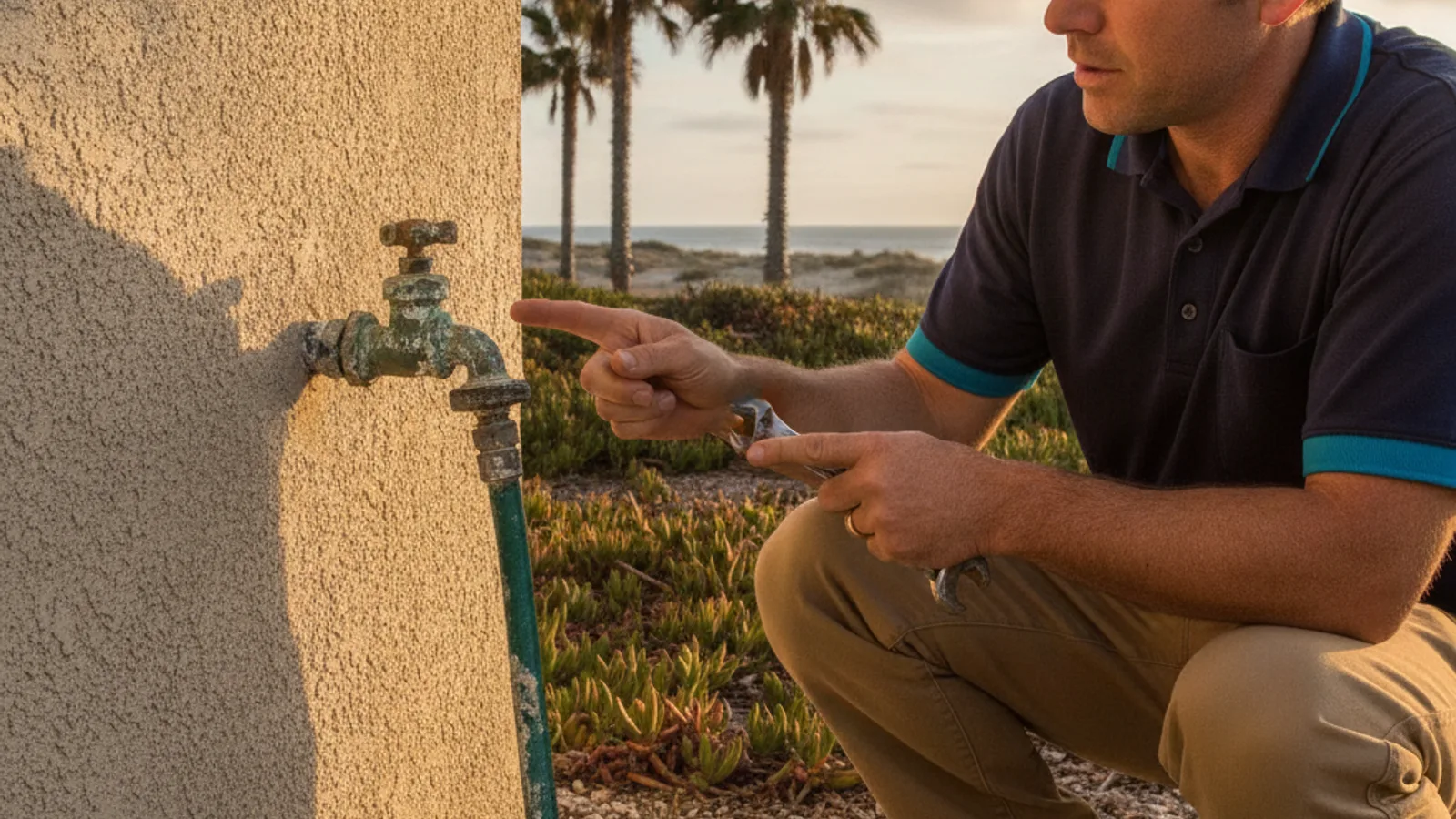 Outdoor hose bib and shutoff valve showing corrosion on a coastal home a few blocks from the ocean in San Diego