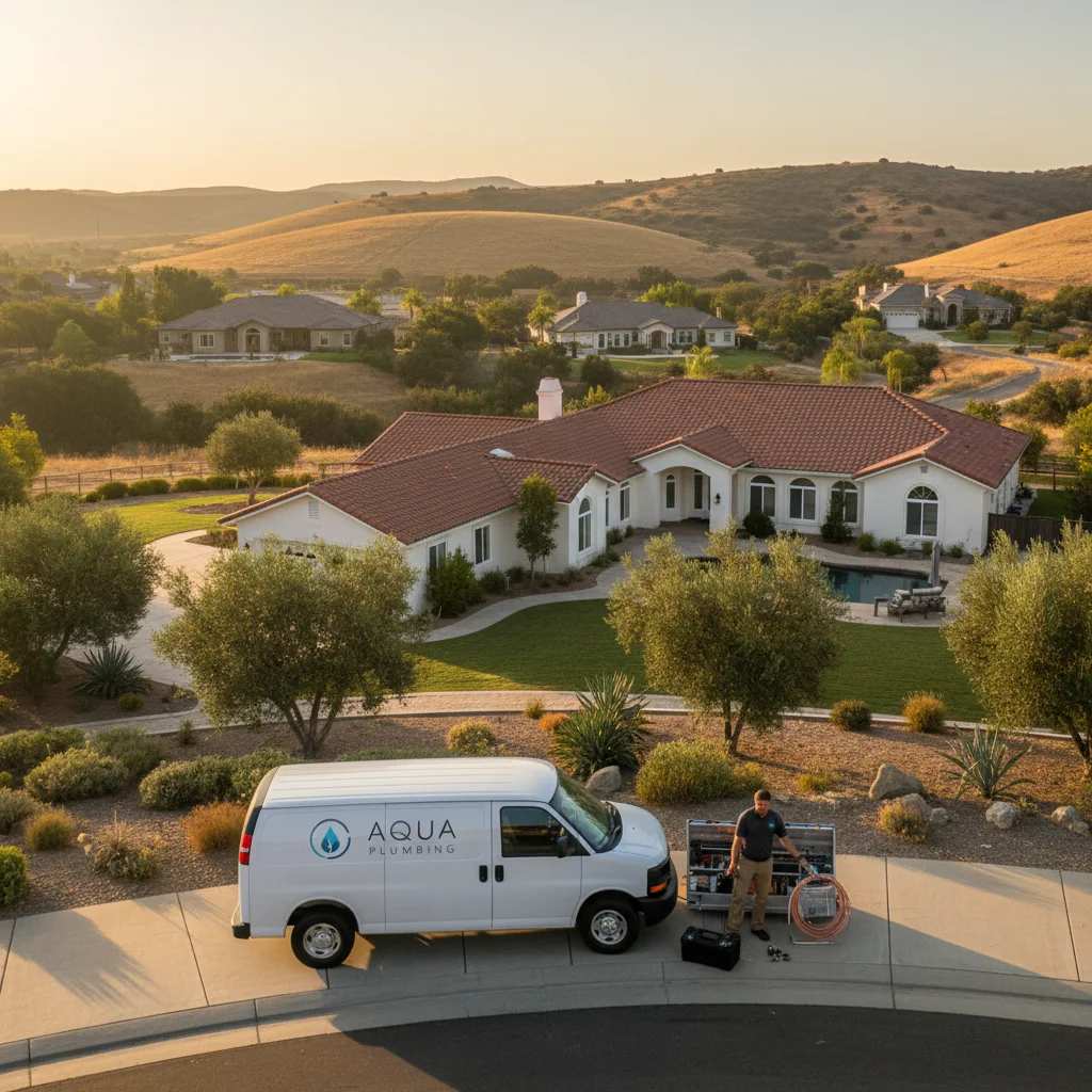 Plumbing service van parked in the driveway of a large-lot Poway home at morning light