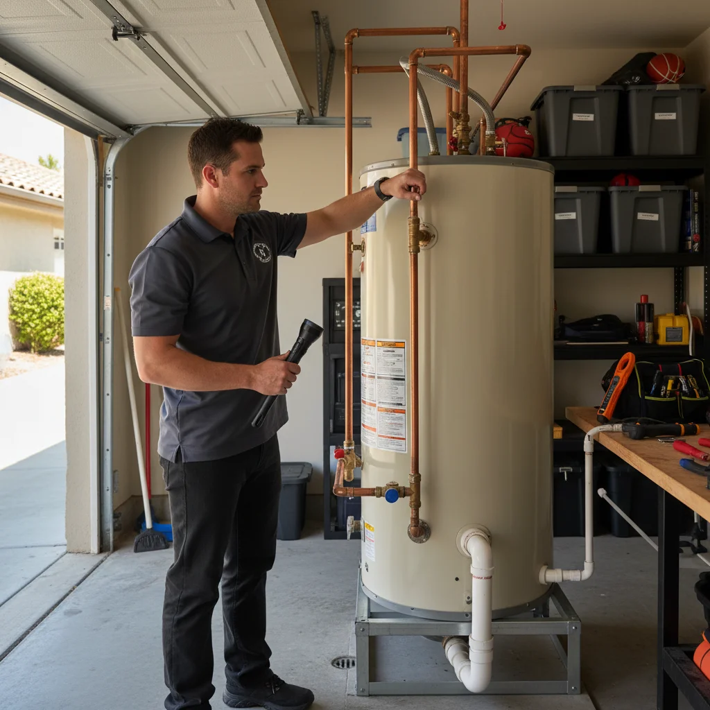 Plumber inspecting a tank water heater in a Poway garage