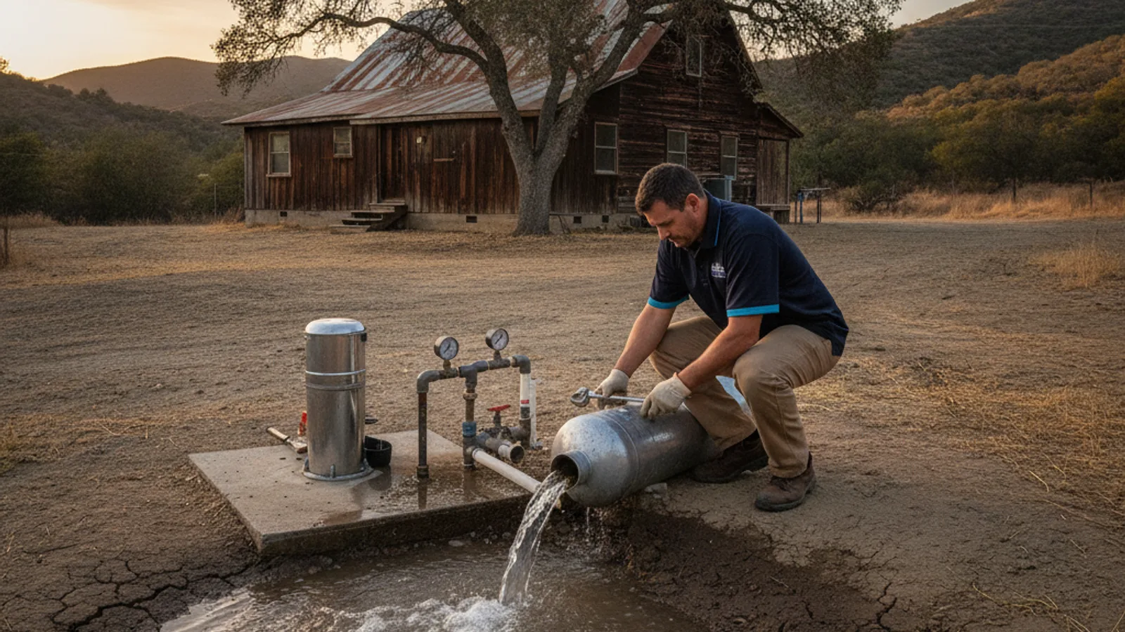 Rural well pump and pressure tank setup outside a backcountry San Diego home