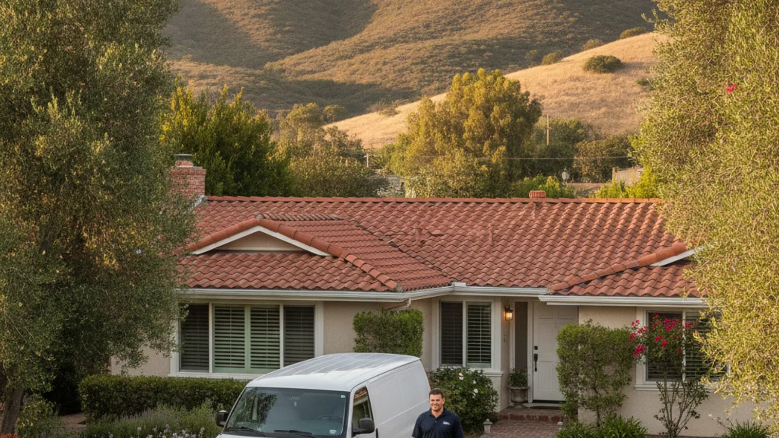 Plumbing service van parked in the driveway of an established single-story ranch home in Rancho Bernardo at morning light