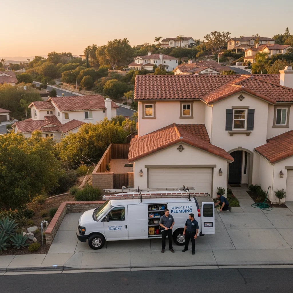 A San Marcos hillside neighborhood with rooftops and a plumbing van in the drive