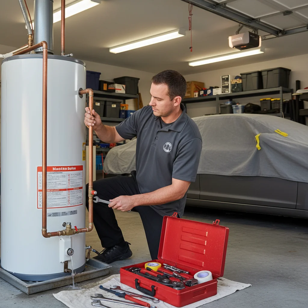 A plumber inspecting a water heater in a San Marcos garage with toolbox open, cl