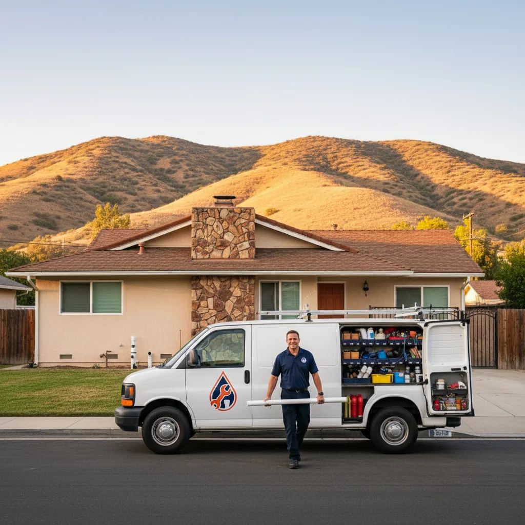 Plumbing service van parked in front of a 1970s ranch home in Santee with hills in the background