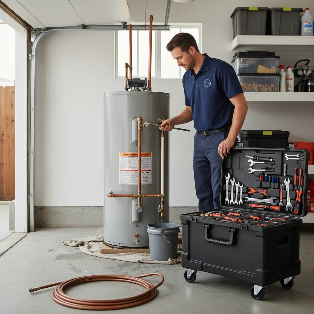 A plumber working on a water heater in a Santee garage with organized tools