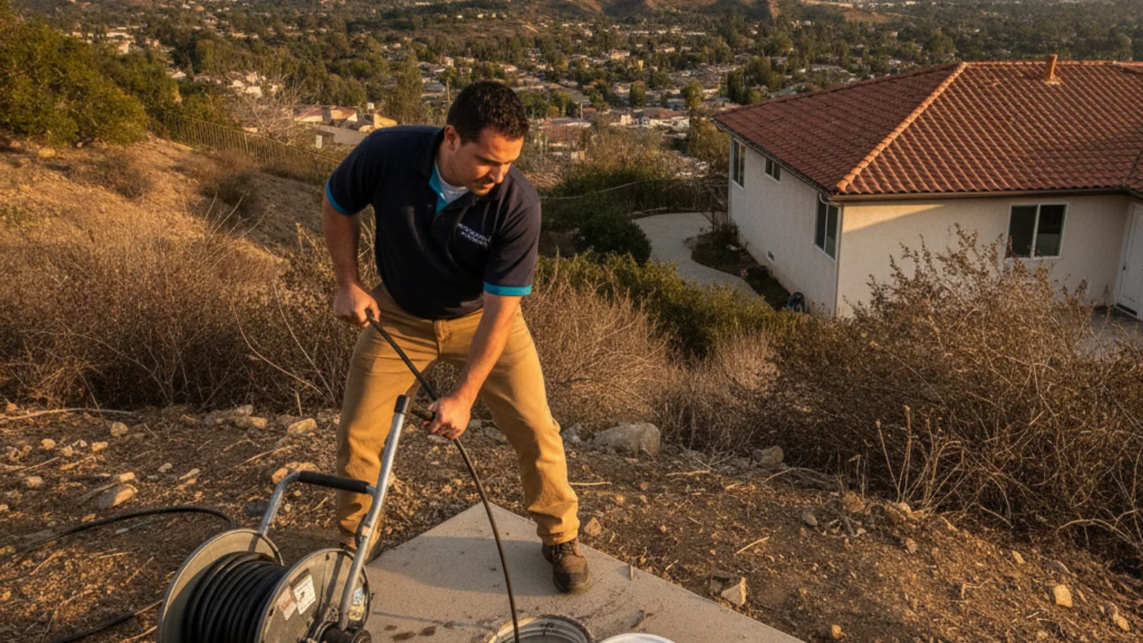Plumber operating a drain snake at a sewer cleanout on a hillside property in East County San Diego