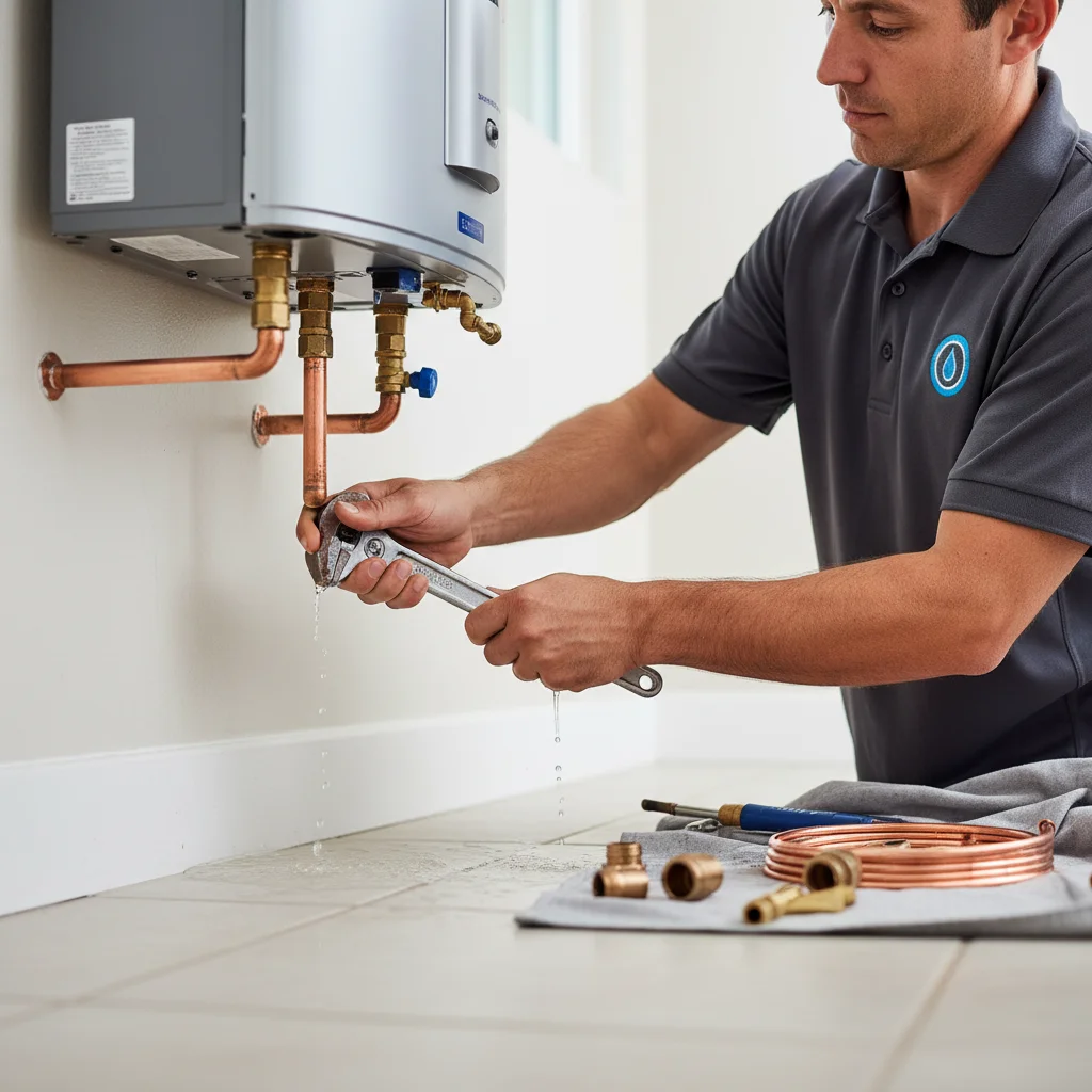 A plumber flushing sediment from a tank water heater in a Vista garage, focused professional setup