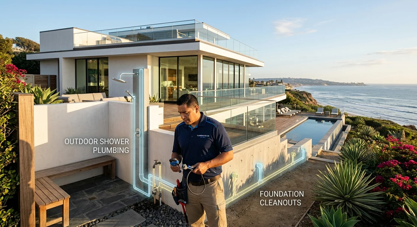 A beautiful modern home in Del Mar with an ocean view, with subtle transparent overlays highlighting potential plumbing problem areas like outdoor showers and foundation pipes, photorealistic.