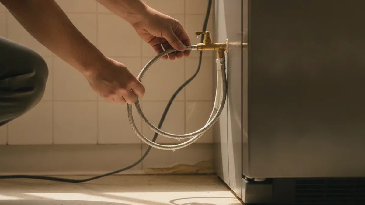 A quarter-inch water supply line and shutoff valve behind a refrigerator in a San Diego kitchen