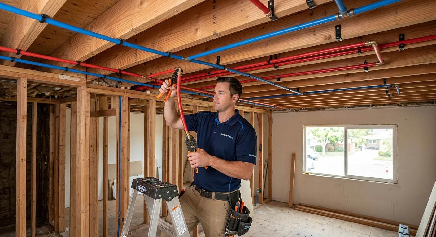 New PEX water lines neatly run along ceiling joists in a San Diego home under renovation, clean and organized, daylight from a window, photorealistic