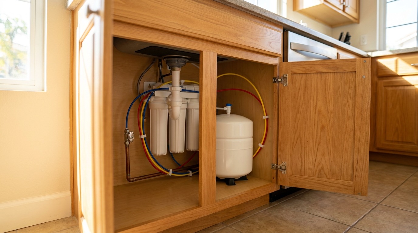 Under-sink reverse osmosis system with storage tank installed in a San Diego kitchen cabinet