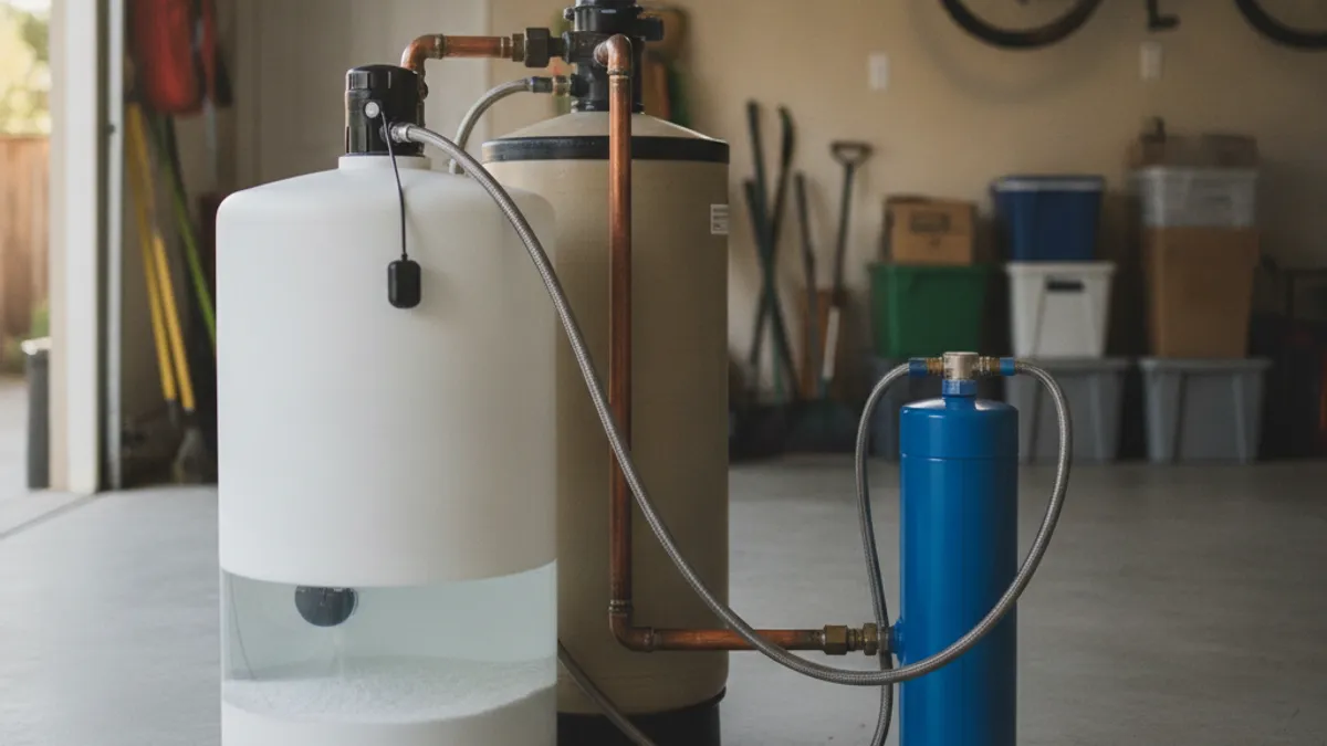 A side-by-side comparison of a salt-based softener brine tank and a salt-free template-assisted crystallization unit in a San Diego garage