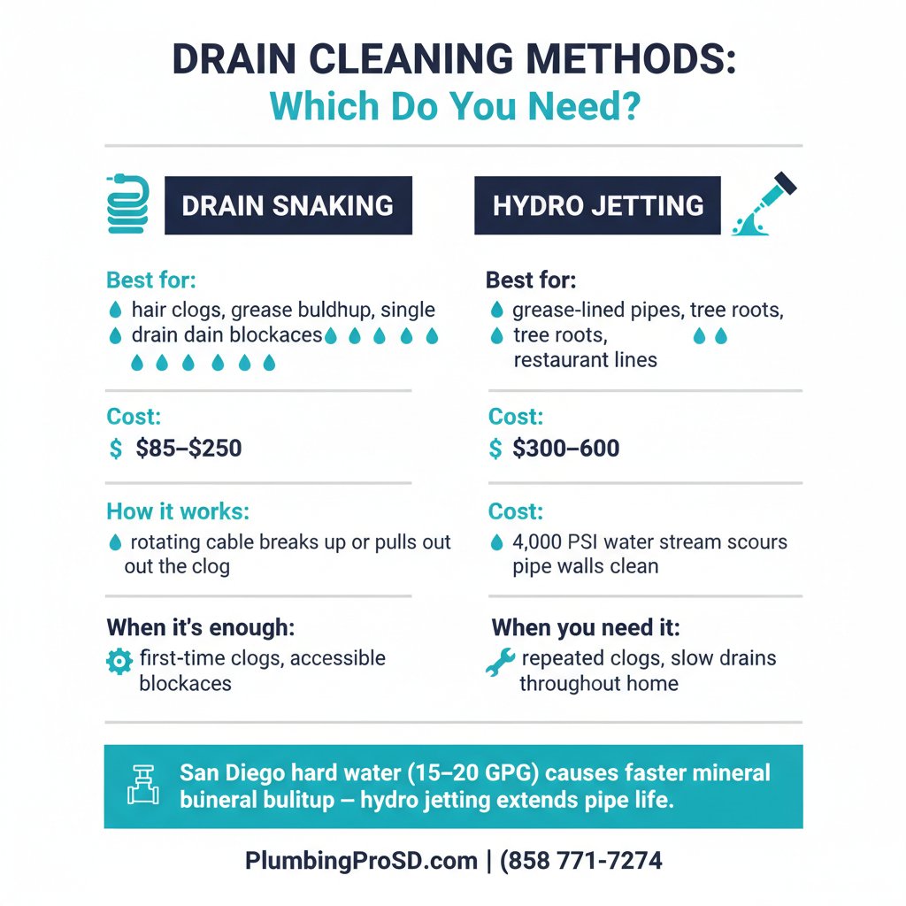 Infographic comparing drain cleaning methods in San Diego: snaking vs hydro jetting costs and best uses