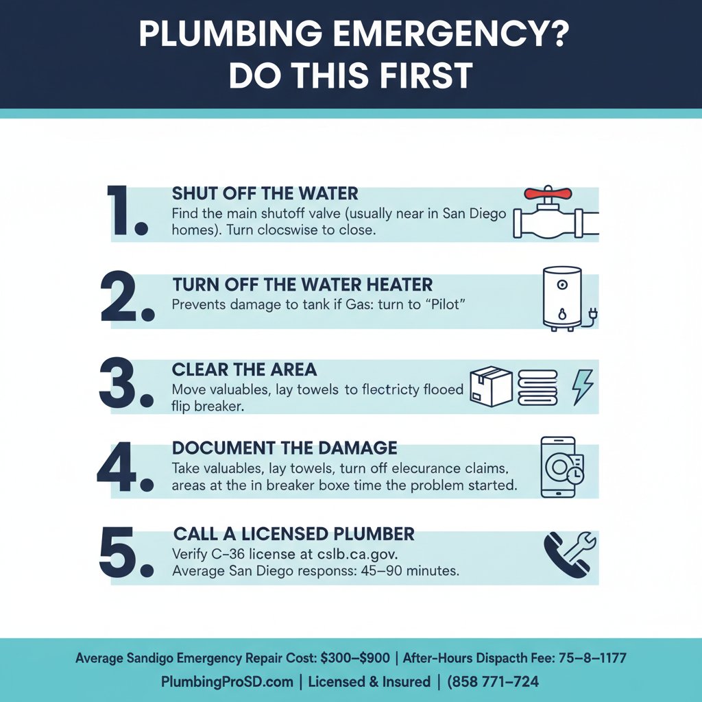 Infographic: 5 steps to take during a plumbing emergency in San Diego, with response times and costs
