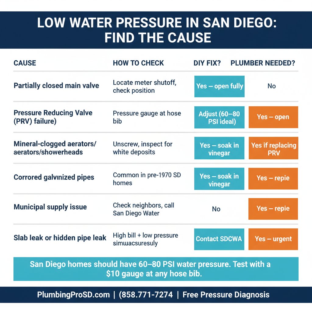Infographic: common causes of low water pressure in San Diego homes and how to fix each one