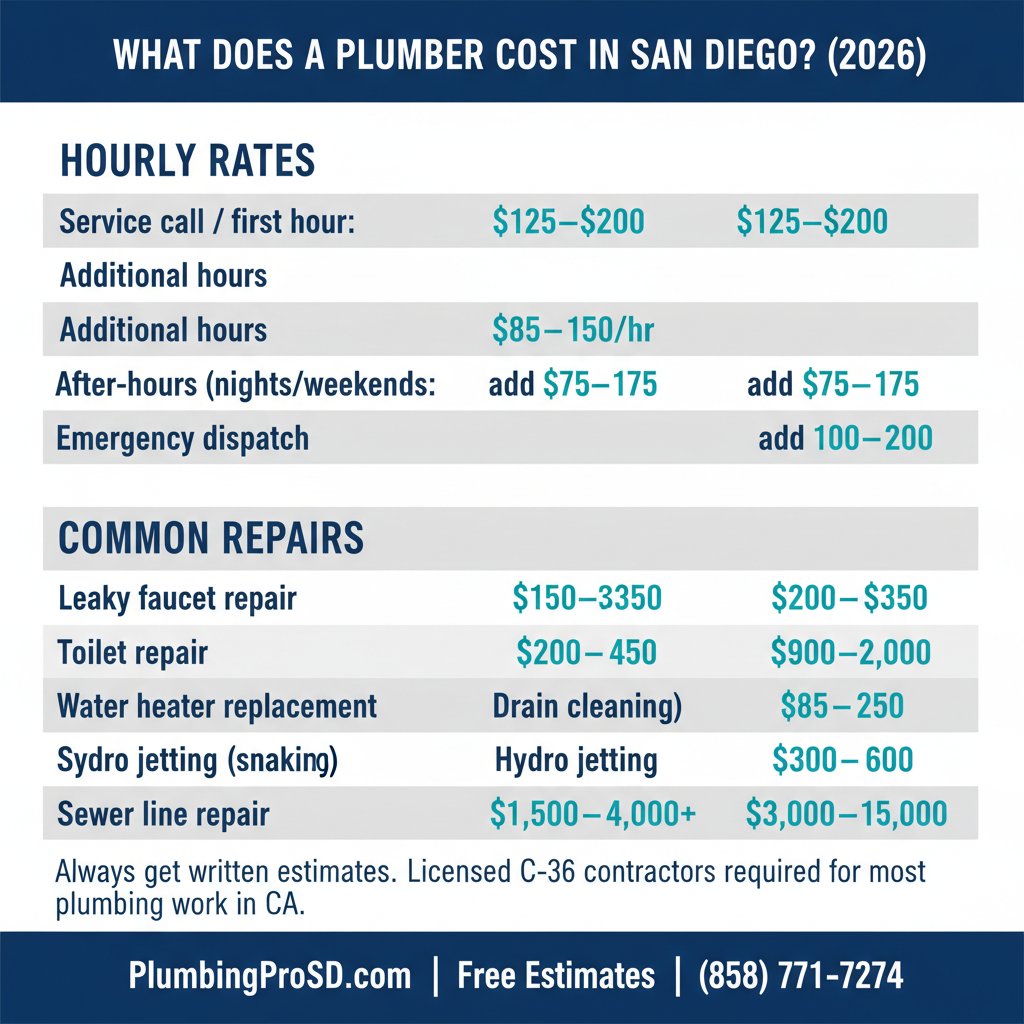 Infographic: San Diego plumber cost guide showing hourly rates and typical repair prices for 2026