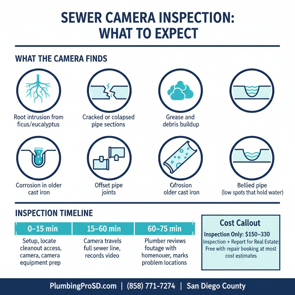 Infographic: what a sewer camera inspection finds in San Diego, what it costs, and what happens next