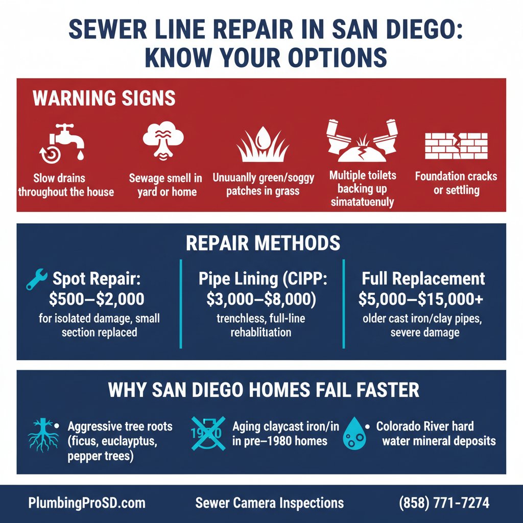 Infographic: San Diego sewer line repair options, warning signs, and typical costs compared
