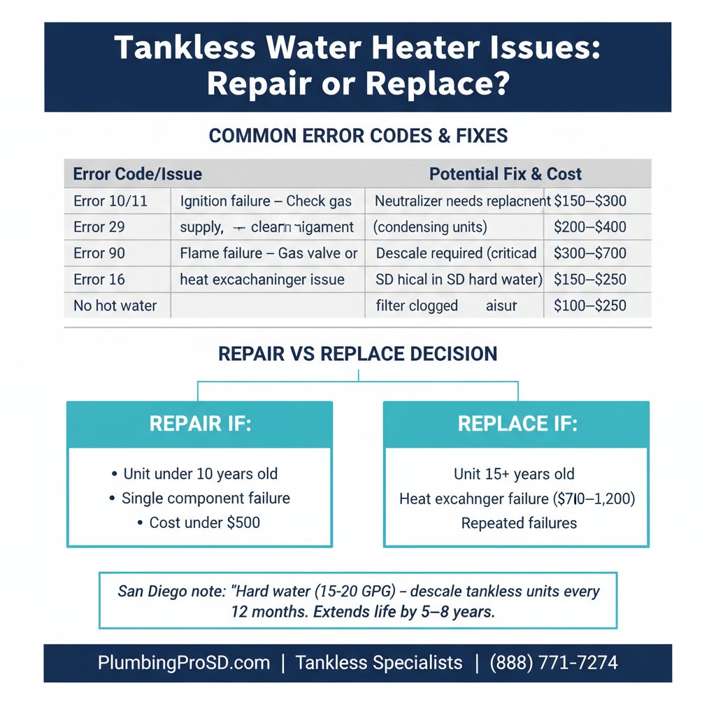 Infographic: common tankless water heater error codes and repairs in San Diego, plus cost vs replacement guide