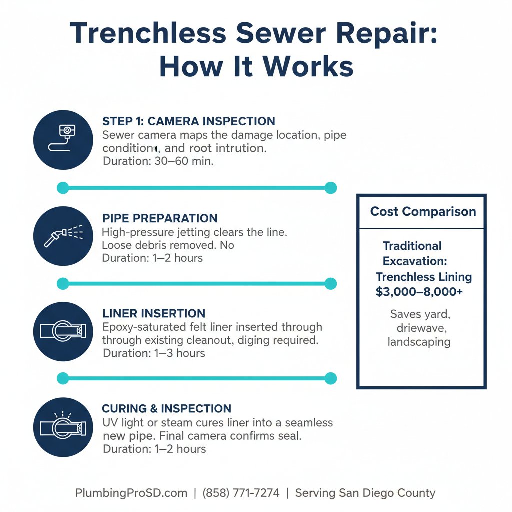 Infographic showing the 4-step trenchless sewer repair process in San Diego with cost comparison vs traditional excavation