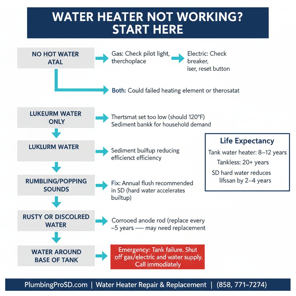 Infographic: water heater troubleshooting guide for San Diego homeowners — symptoms, causes, and fixes