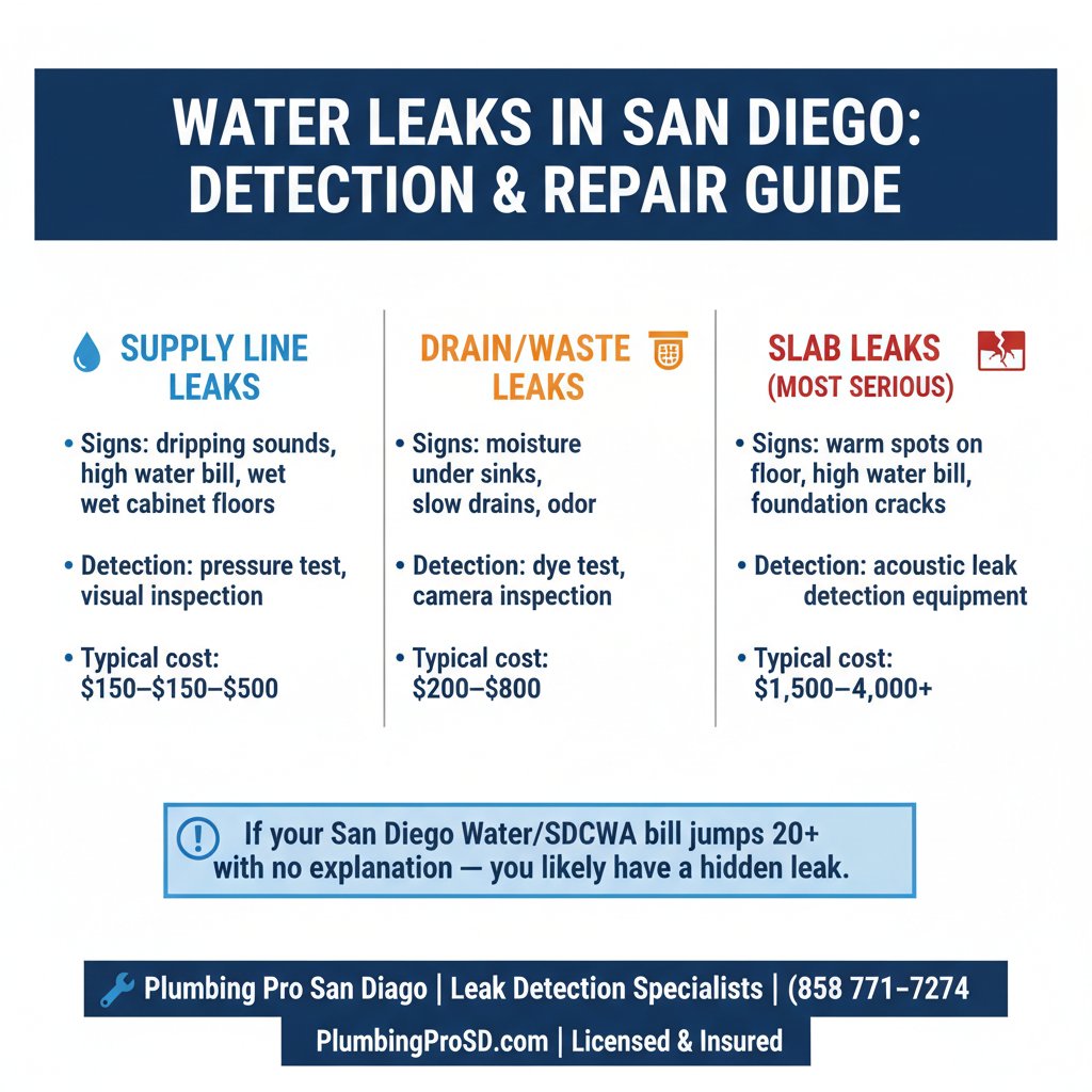 Infographic: types of water leaks in San Diego homes, how they're detected, and typical repair costs