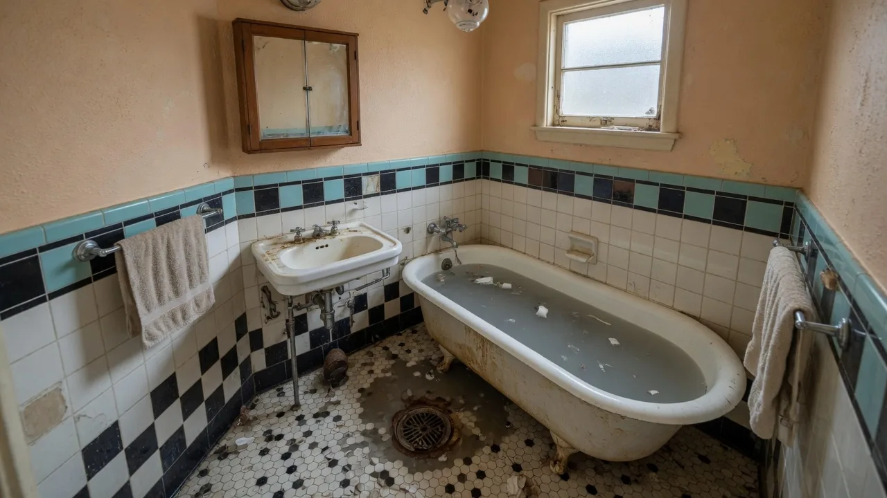 Gray standing water in an older San Diego bathtub during a sewage backup