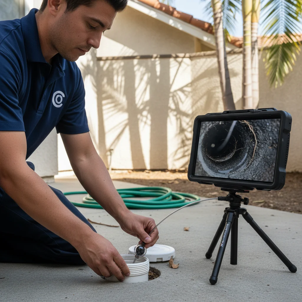Plumbing Pro San Diego technician performing a sewer camera inspection outside a local home.