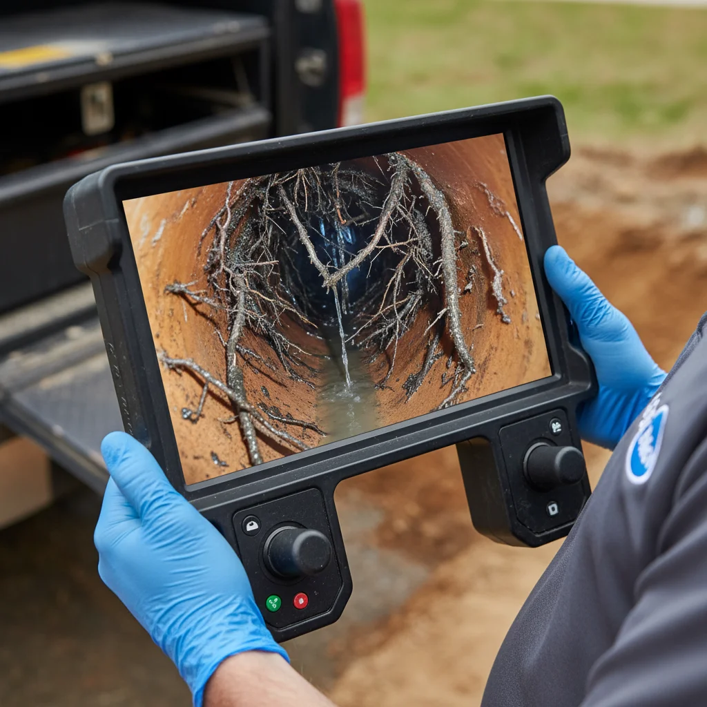 Sewer camera monitor shows significant tree root intrusion in an old clay sewer pipe.