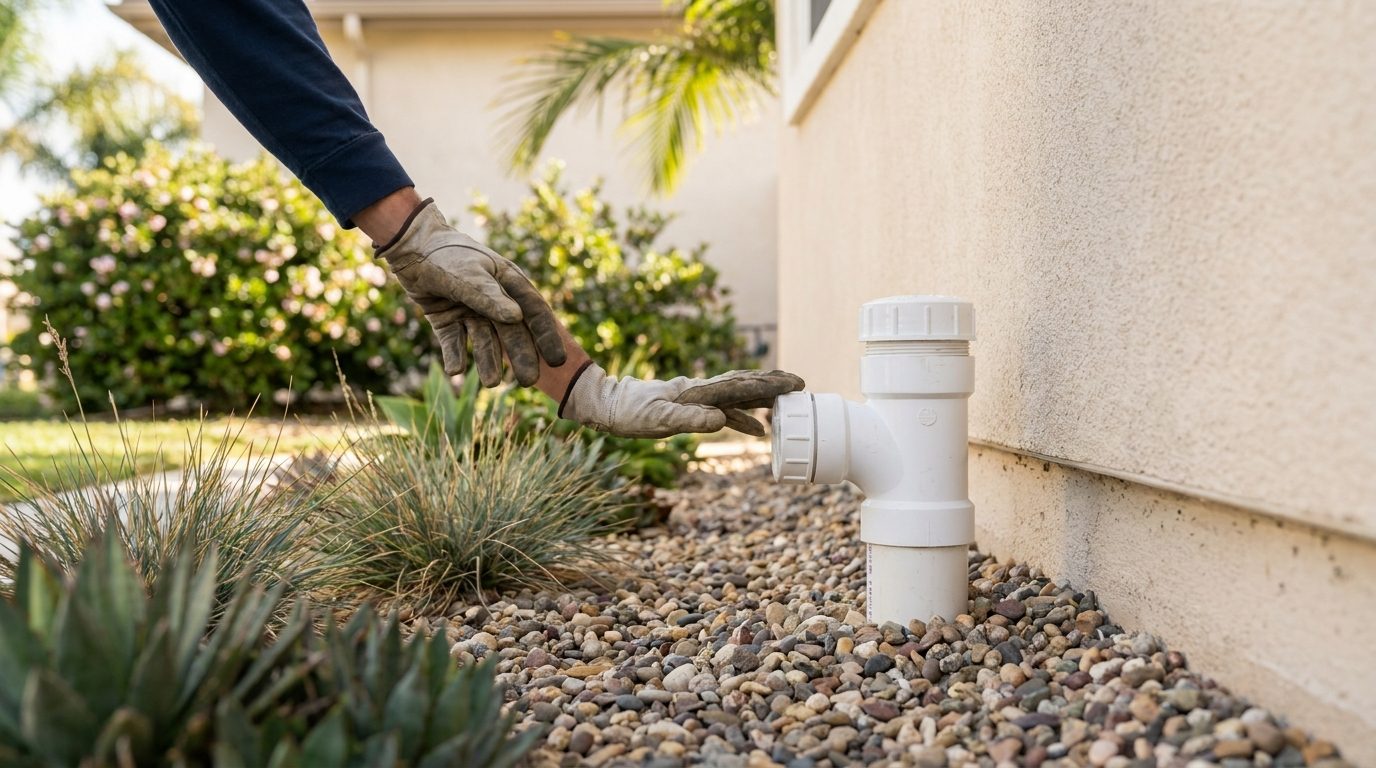 A white two-way sewer cleanout riser with a threaded cap installed at ground level beside a San Diego home