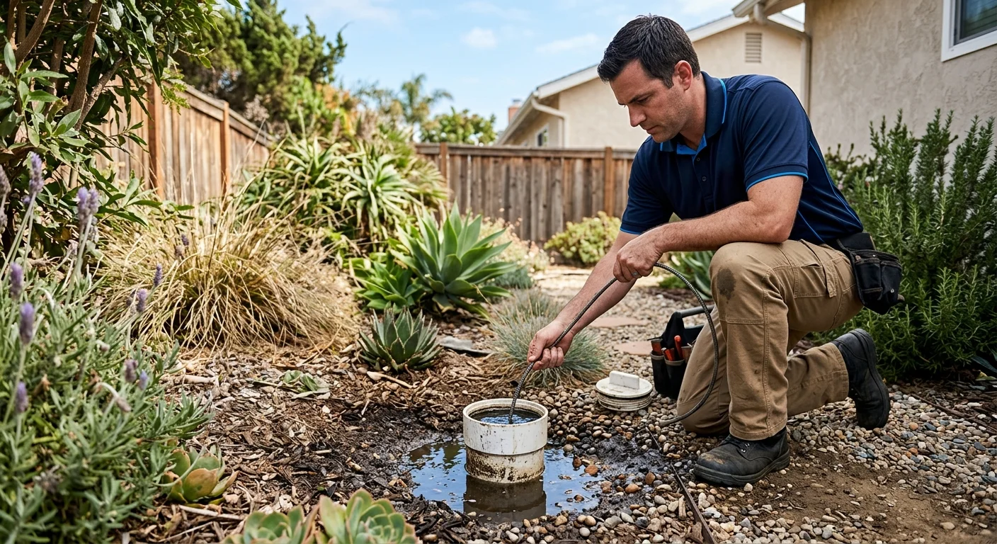 Water visible around an outdoor sewer cleanout in a San Diego yard