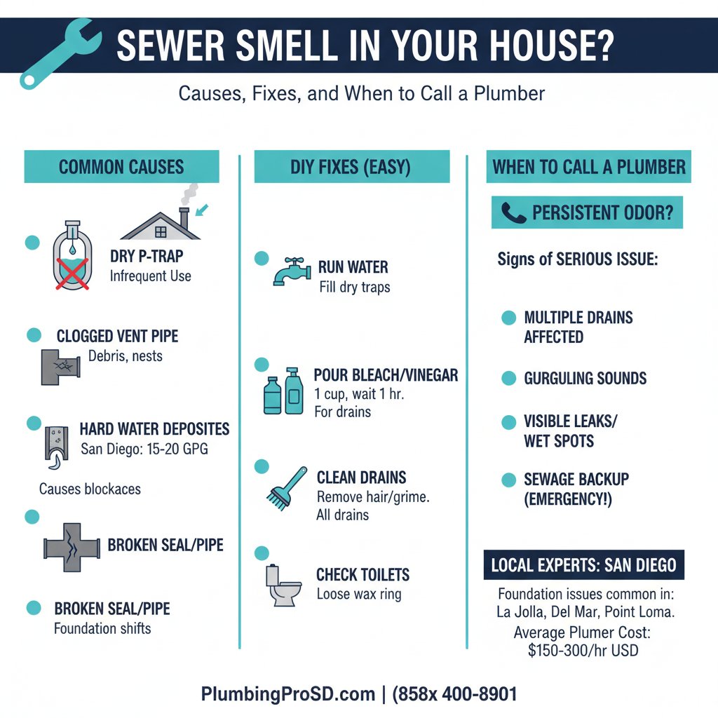 Infographic: Sewer Smell in Your House? Causes, Fixes, and When to Call a Plumber — key facts and costs for San Diego homeowners