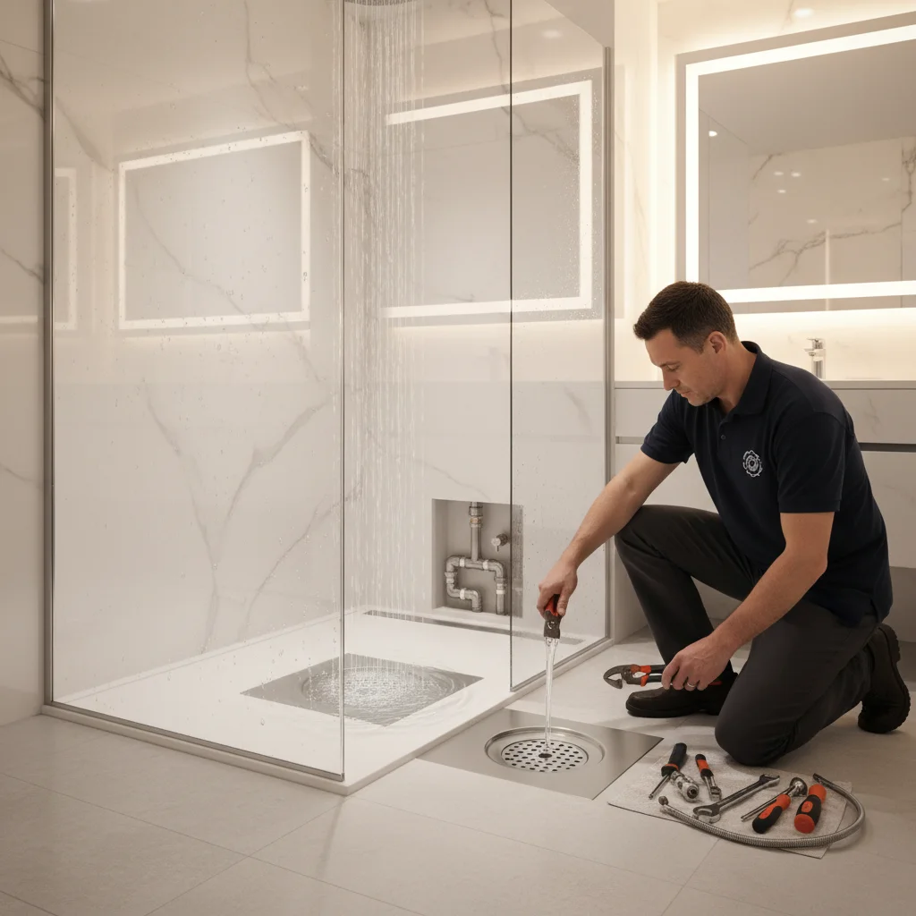 Standing shower with water pooling at the drain in a clean modern bathroom
