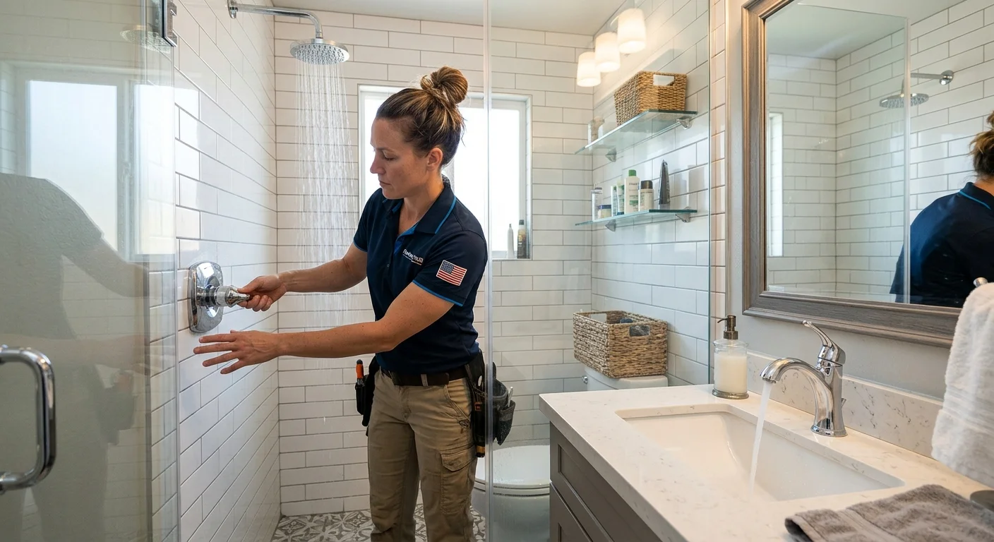 A homeowner adjusting a shower control beside a running bathroom faucet