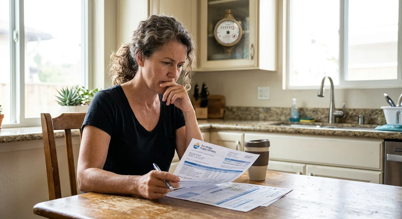 A concerned homeowner looking at a high water bill at their kitchen table, with a water meter dial subtly visible in the background, San Diego home aesthetic, photorealistic.