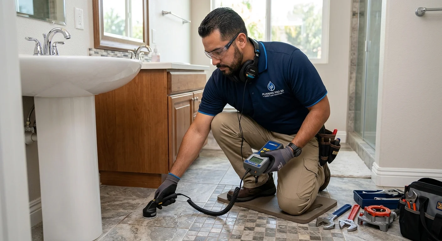 A plumbing technician using electronic leak-detection equipment on a tiled floor