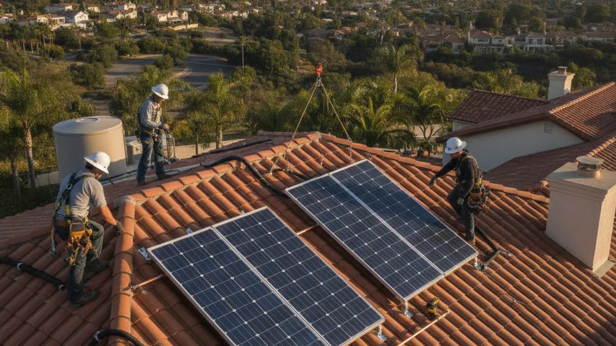 Flat-plate solar water heating collectors mounted on a south-facing roof of a San Diego home