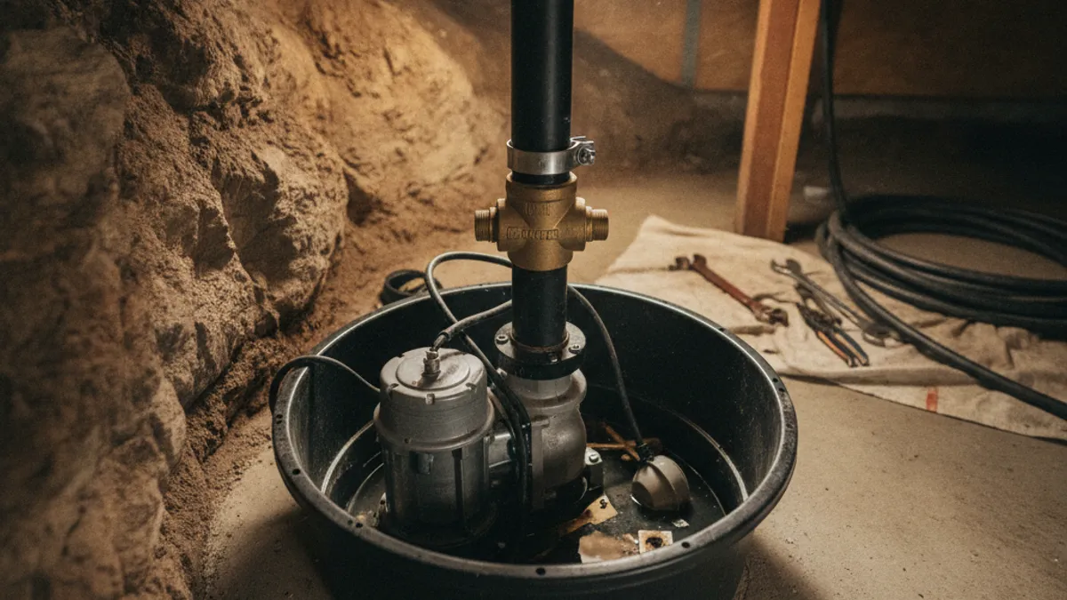 A sump pump and check valve inside a basin in a San Diego hillside home's crawl space