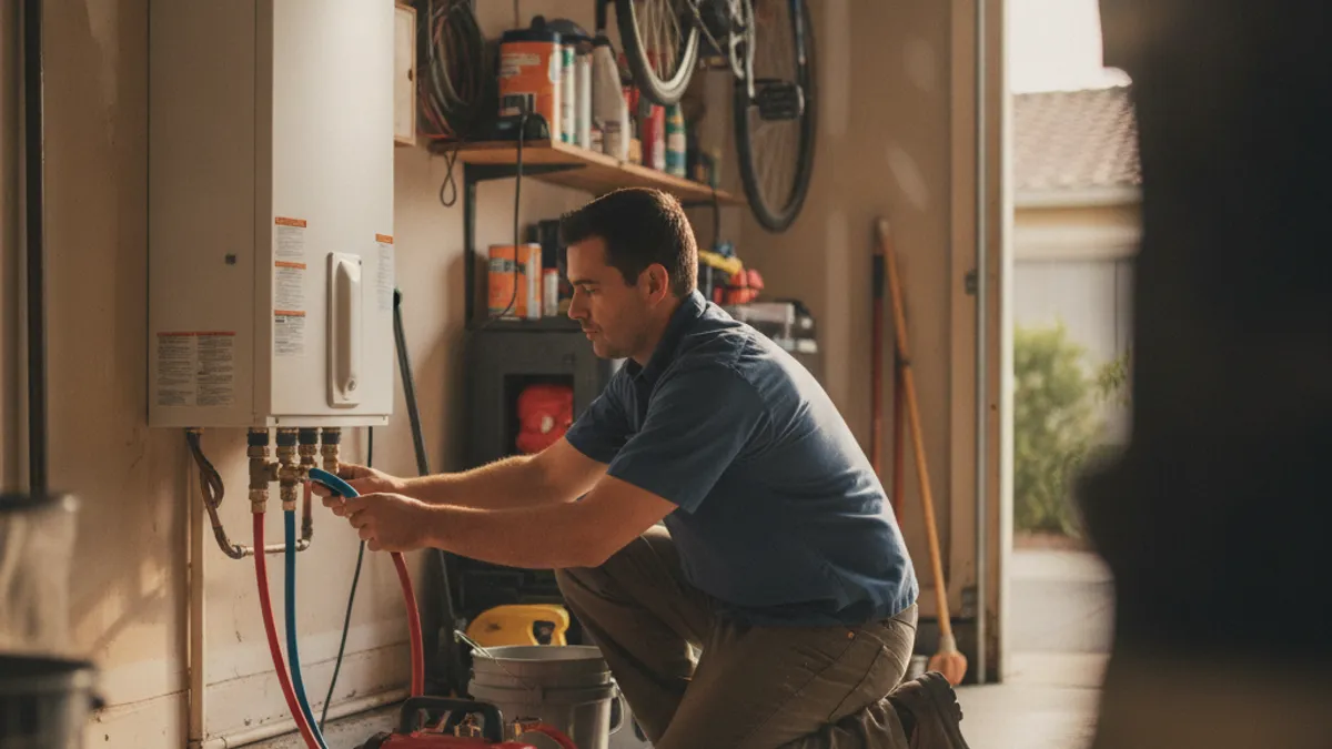 A plumber connecting a descaling pump to the service valves on a tankless water heater in a San Diego garage