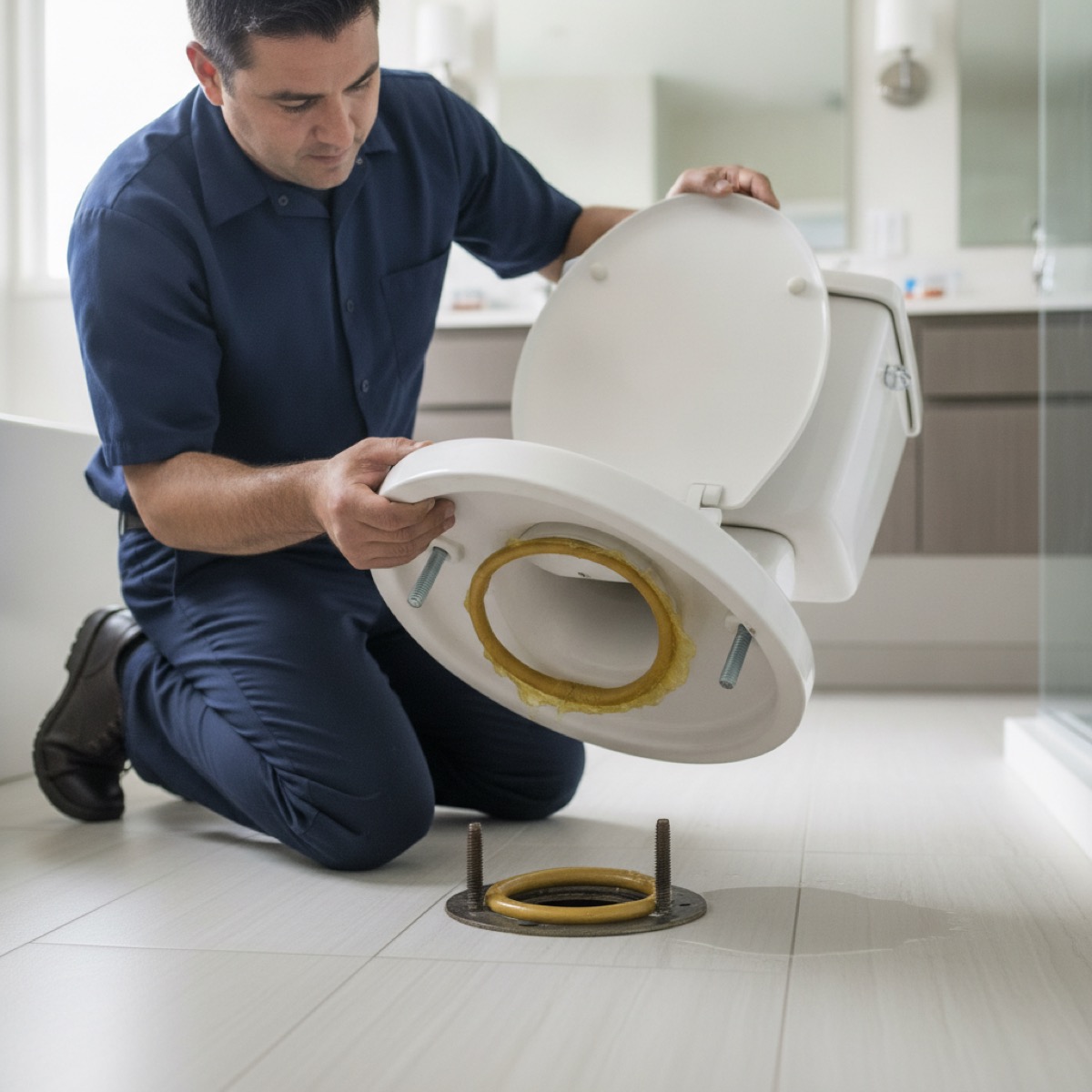 Plumber resetting a toilet onto a fresh wax ring on a bathroom floor in a San Diego home