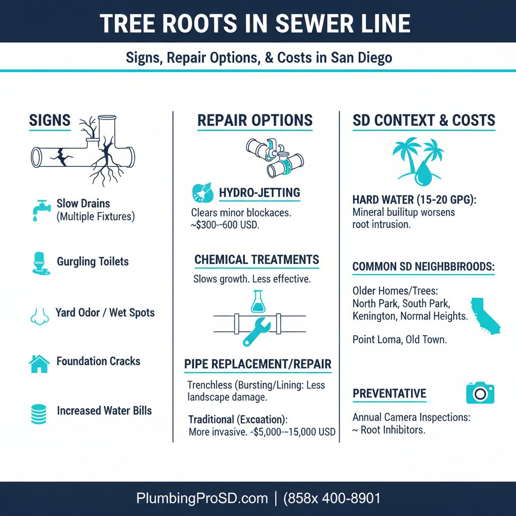 Infographic: Tree Roots in Sewer Line: Signs, Repair Options, and Costs in San Diego — key facts and costs for San Diego homeowners