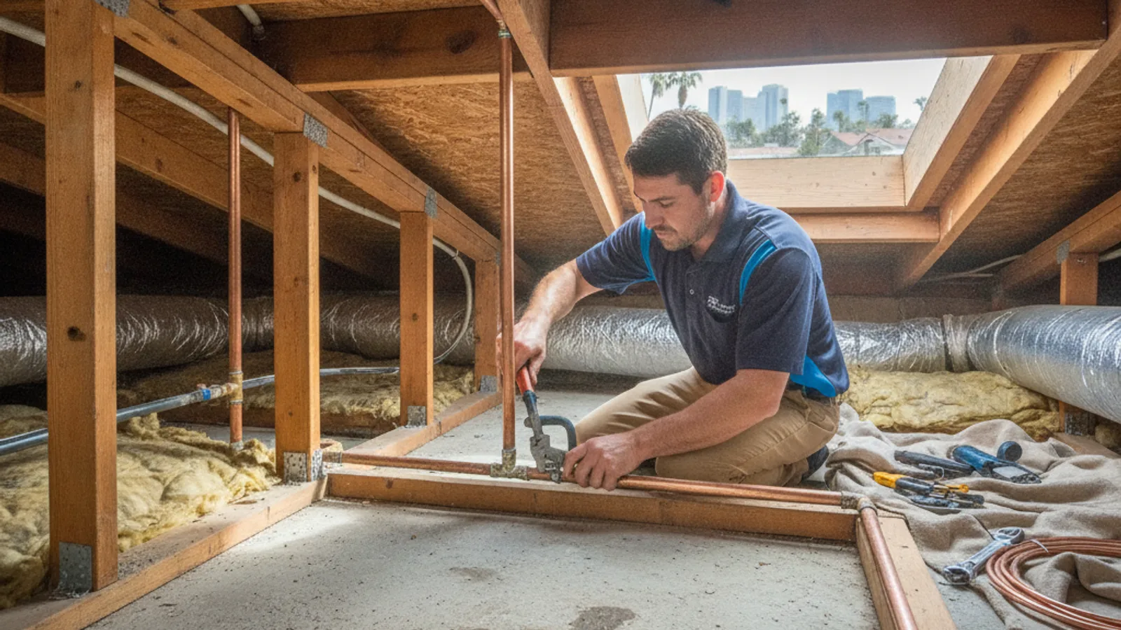 Copper water line running along attic joists above a San Diego home's concrete slab foundation