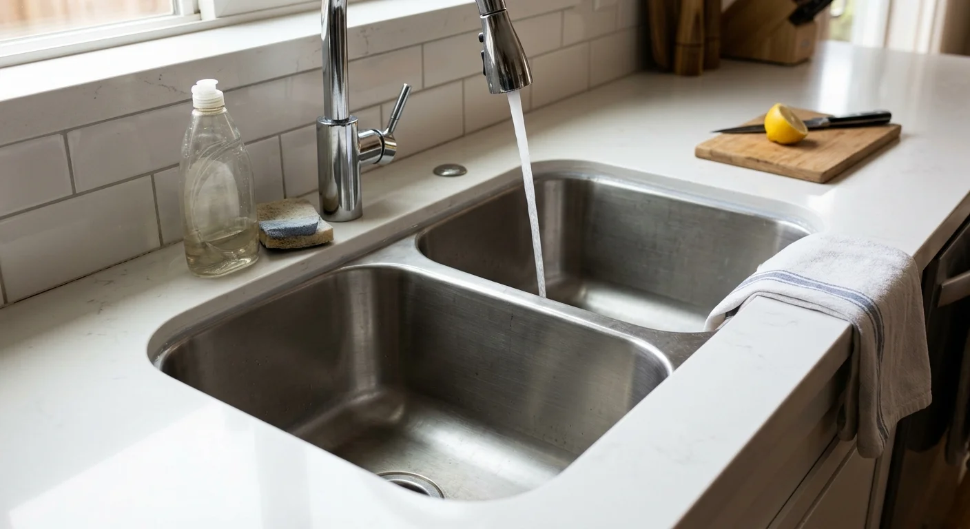 Undermount kitchen sink with a small gap between the basin and the countertop