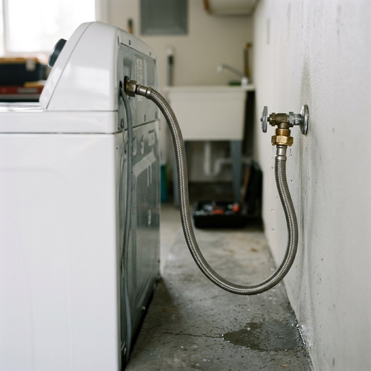 A braided stainless steel washing machine supply hose leaking at the connection behind a washer in a San Diego garage