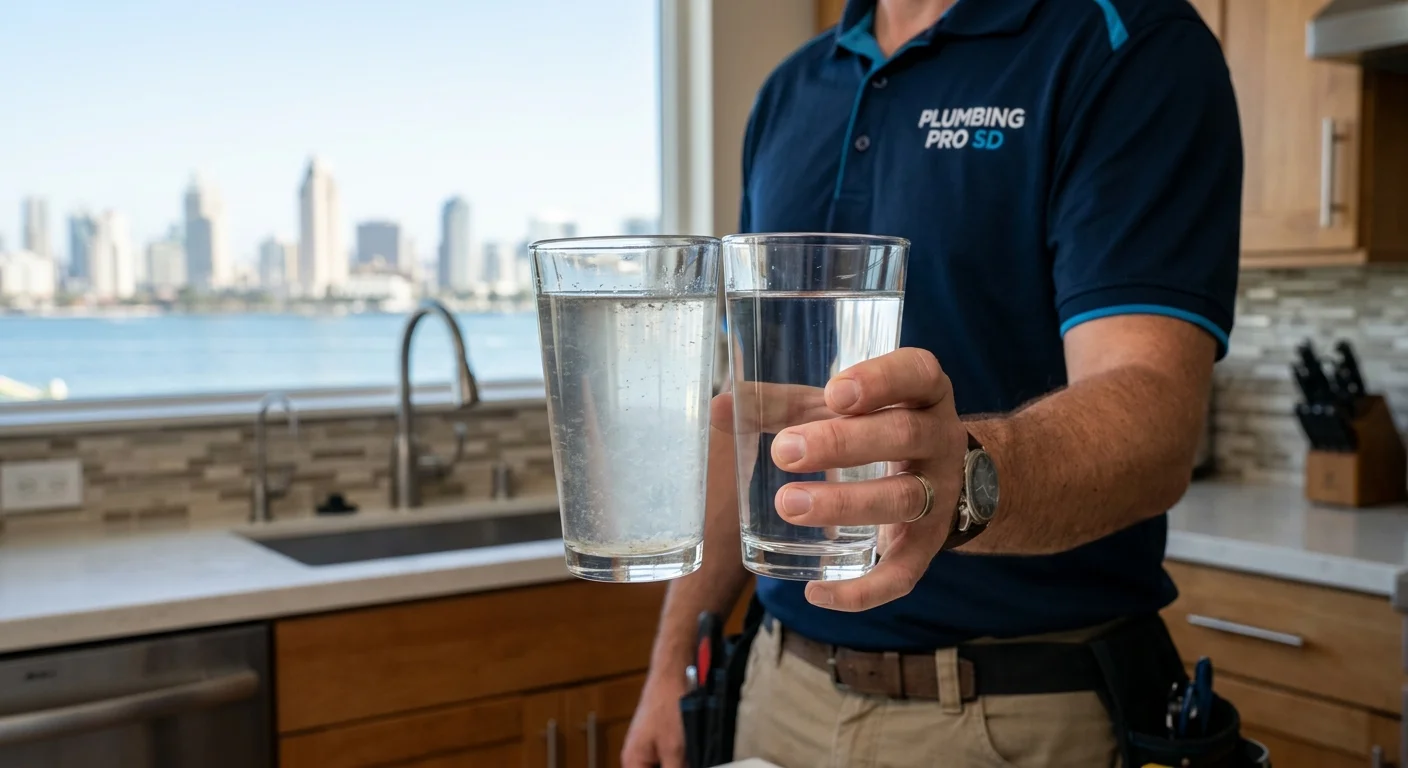 A split glass of water, one half cloudy and hard, the other half crystal clear and filtered, with the San Diego skyline faintly in the background