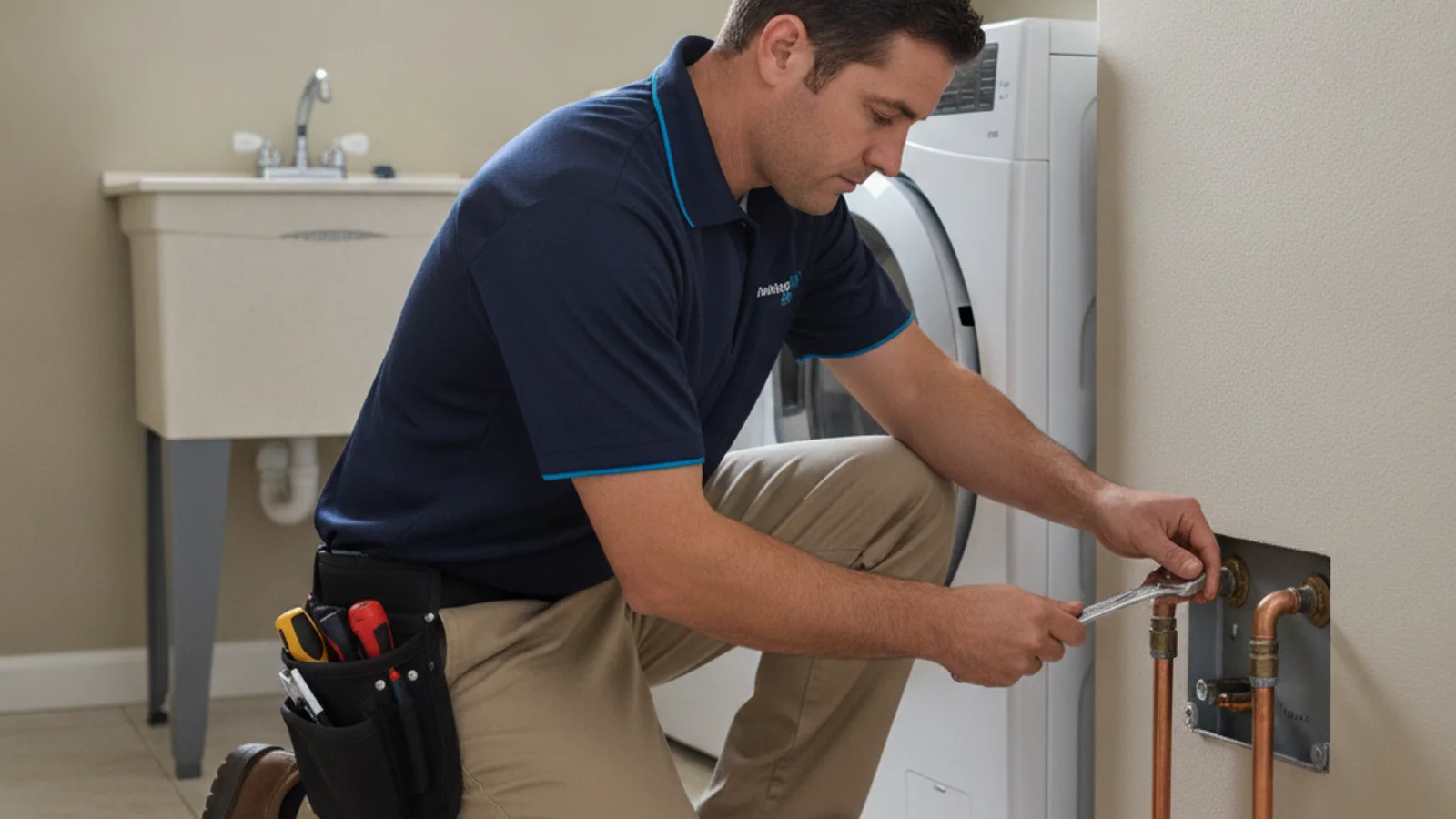 A plumber installing a water hammer arrestor on a washing machine supply valve in a San Diego home laundry room