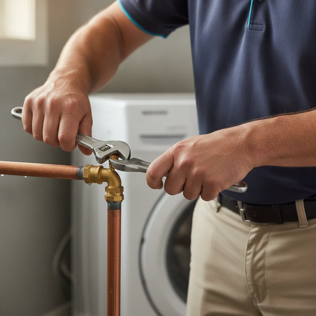 Close-up of a plumber's hands installing a small water hammer arrestor onto a copper pipe fitting